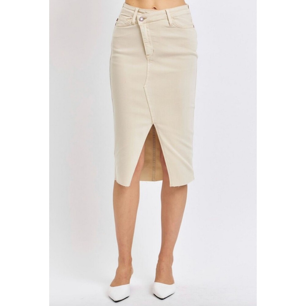 Judy Blue High Waist Garment Dyed Criss-Cross Front Slit Long Skirt Bone S